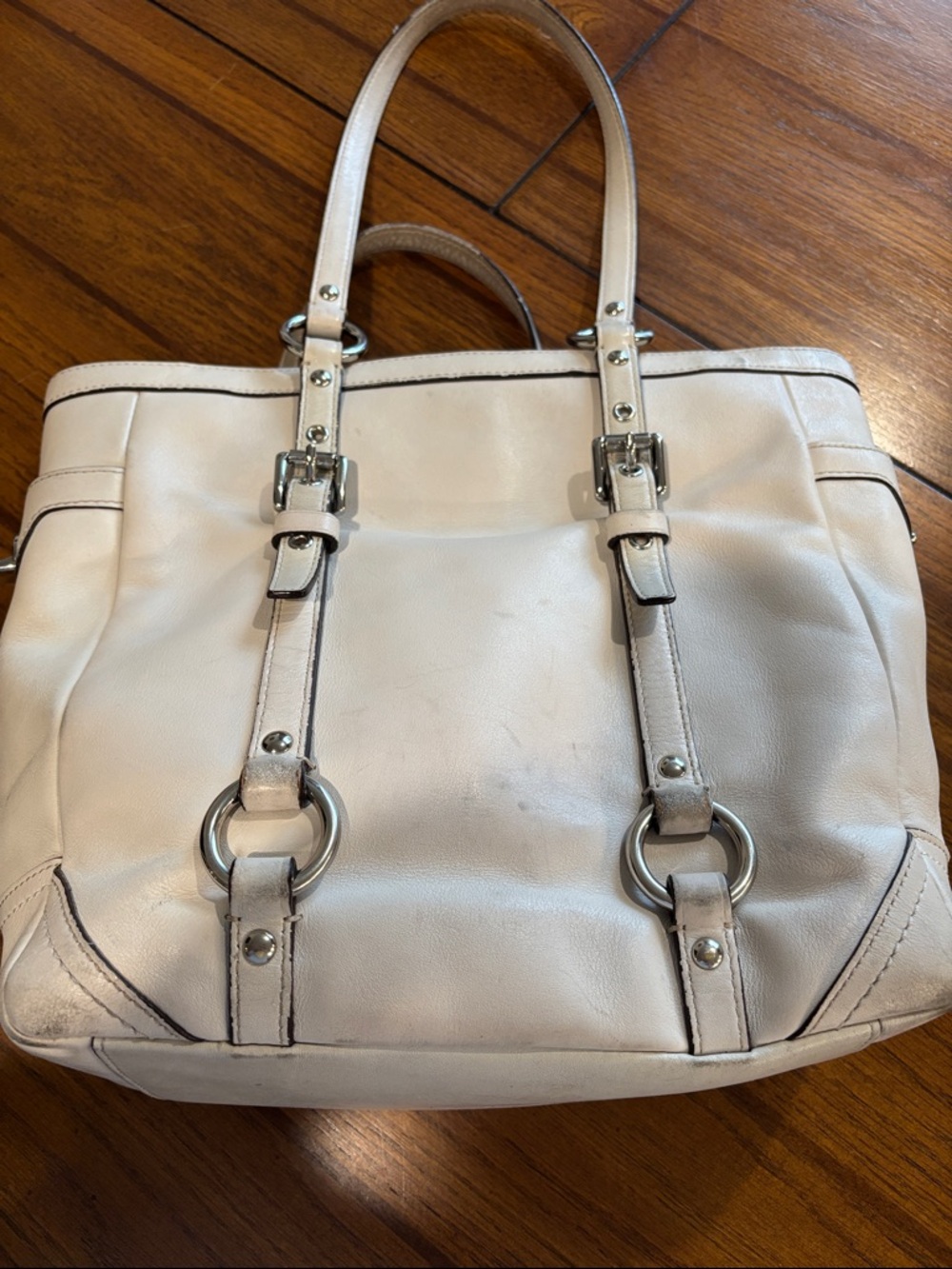Coach Cream Leather Shoulder Tote with Buckle Straps - Picture 3 of 15